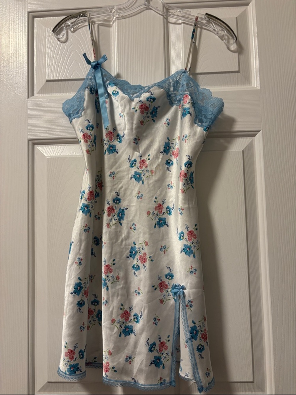Victoria's Secret White Satin Slip with Blue Lace Accents